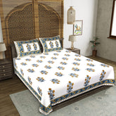 Azure Gold Harmony Block Print Double Bedsheet Set - Cotton Floral Design with Pillow Covers